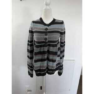 Free People Striped Chunky Knit Sweater XS Gray Teal Boho Buttons
